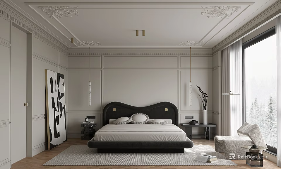 Elegant Modern Bedroom Interior With Ceiling Moldings Dark Headboard Pendant Lights And Area Rug 3d model 