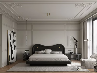 Elegant Modern Bedroom Interior With Ceiling Moldings Dark Headboard Pendant Lights And Area Rug 3d model