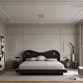 Elegant Modern Bedroom Interior With Ceiling Moldings Dark Headboard Pendant Lights And Area Rug