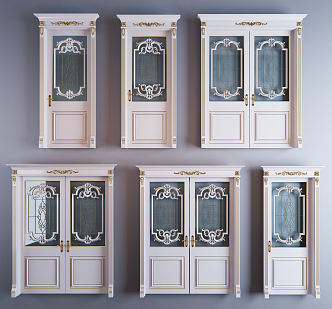 European-style double-door gold carved painted glass door combination 3d model