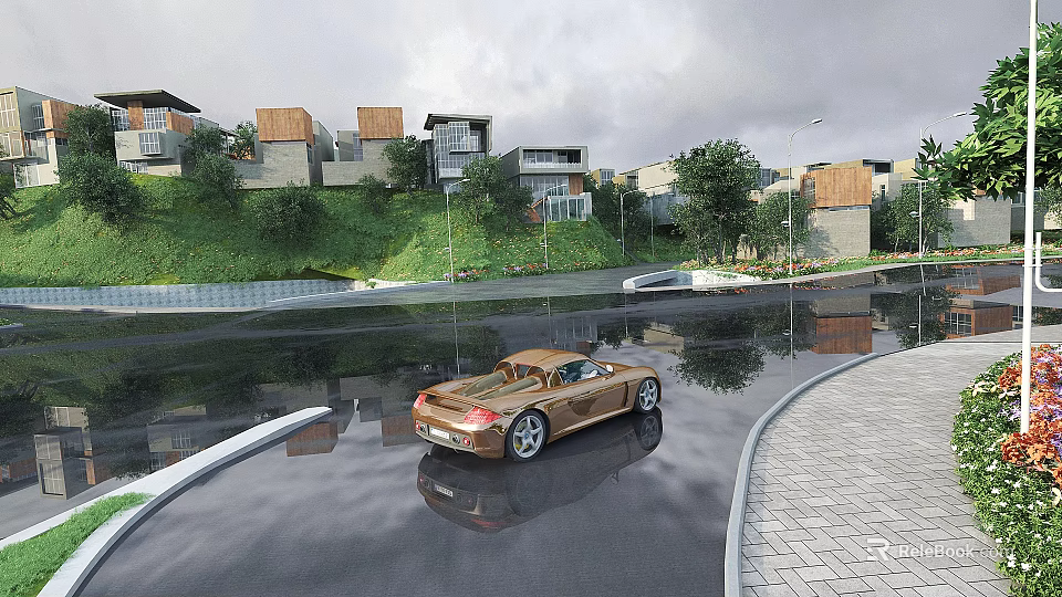 Modern Commercial Street Featuring Stylish Buildings Lush Greenery And Luxury Car Reflections 3d model 