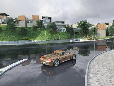 Modern Commercial Street Featuring Stylish Buildings Lush Greenery And Luxury Car Reflections 3d model