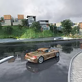 Modern Commercial Street Featuring Stylish Buildings Lush Greenery And Luxury Car Reflections