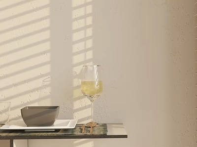 Stylish Tableware Set With Black Bowl White Plate And Wine Glass On Glass Tabletop 3d model