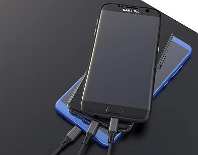 Samsung Smartphones Stacked With Charging Cables Black And Blue Models Design 3d model