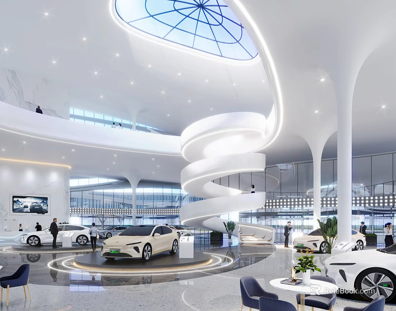 Modern Car Showroom Interior Design With Spiral Staircase Large Windows And Luxury Cars 3d model 