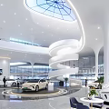 Modern Car Showroom Interior Design With Spiral Staircase Large Windows And Luxury Cars