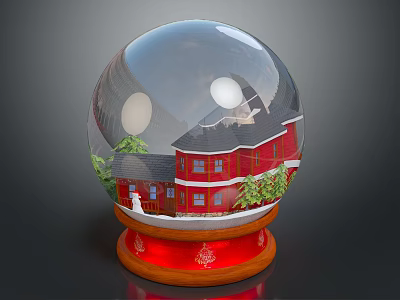 Decorative Snow Globe with Red House Green Trees Inside on Wooden Red Base 3d model