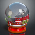 Decorative Snow Globe with Red House Green Trees Inside on Wooden Red Base