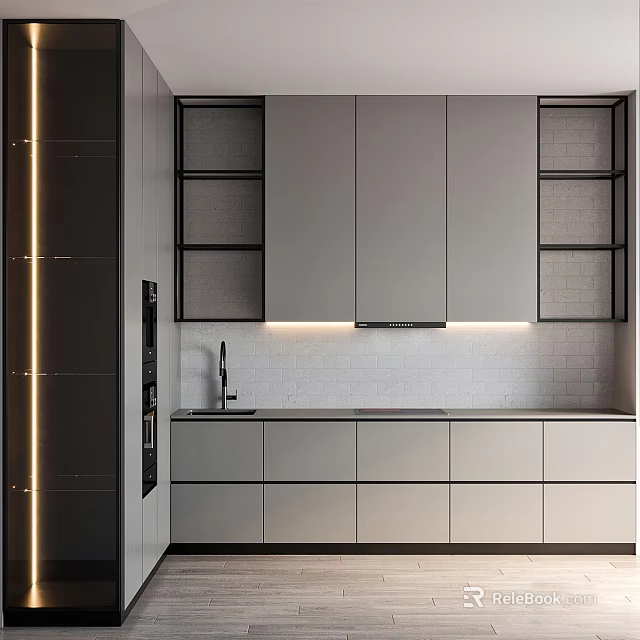 Modern Kitchen With Sleek Grey Cabinets And Under Cabinet Lighting 3d model 