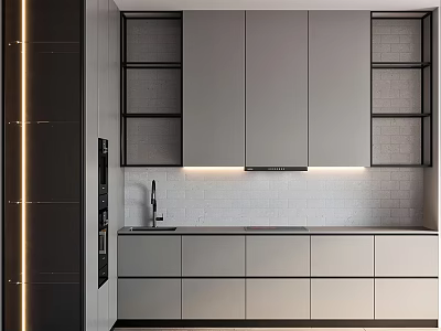 Modern Kitchen With Sleek Grey Cabinets And Under Cabinet Lighting 3d model