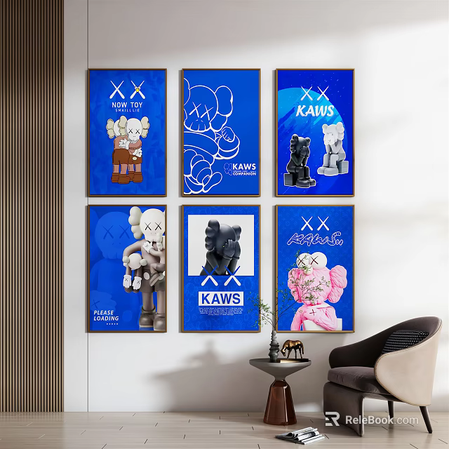 KAWS Art Posters With Blue Background And Various Character Figures On Wall 3d model