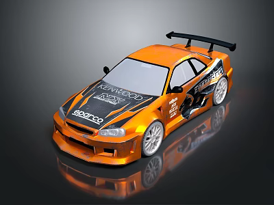 Orange Racing Style Modified Car With Rear Spoiler And Body Decals 3d model