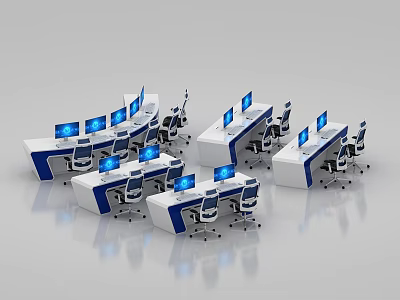 White And Blue Office Workstations With Multiple Computer Monitors And Ergonomic Chairs 3d model