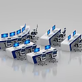 White And Blue Office Workstations With Multiple Computer Monitors And Ergonomic Chairs 3d model