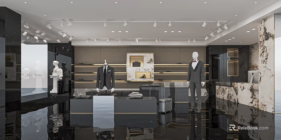 Modern Luxury Clothing Store Interior Featuring Suited Mannequins Black Display Counters And Decorative Paintings 3d model 