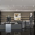 Modern Luxury Clothing Store Interior Featuring Suited Mannequins Black Display Counters And Decorative Paintings