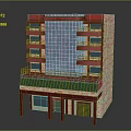 Architectural Model Building With Red Brick Walls Green Awning And Multiple Floor Balconies