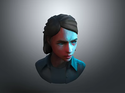 3D Character Female Head Model With Brown Hair Blue Shirt And Serious Expression 3d model