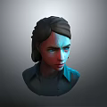 3D Character Female Head Model With Brown Hair Blue Shirt And Serious Expression