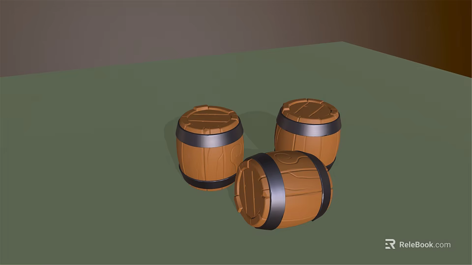Decorative Wooden Barrel Ornament Set Featuring Three Brown Barrels With Black Hoops 3d model 