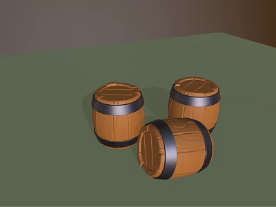 Decorative Wooden Barrel Ornament Set Featuring Three Brown Barrels With Black Hoops 3d model