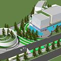 Modern Sales Office Exterior Night View With Surrounding Trees And Ground Lighting