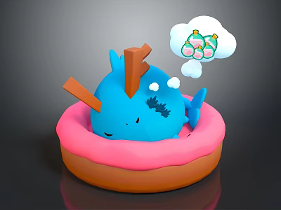 Blue Cartoon Game Character Resting on Pink Donut Float With Cloud Bubble and Bottles 3d model