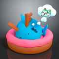 Blue Cartoon Game Character Resting on Pink Donut Float With Cloud Bubble and Bottles