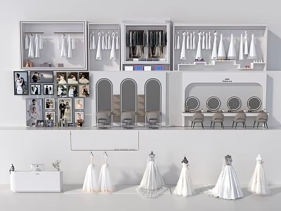 Elegant Bridal Shop Interior With Wedding Dresses Display Fitting Area Mirrors Chairs And Hanging Gowns 3d model