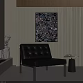 Modern Leather Leisure Chair with Button Tufting Against Vertical Striped Wall and Abstract Painting