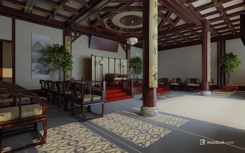 Traditional Chinese Service Hall With Wooden Structure Red Carpet And Decorative Pillars 3d model 