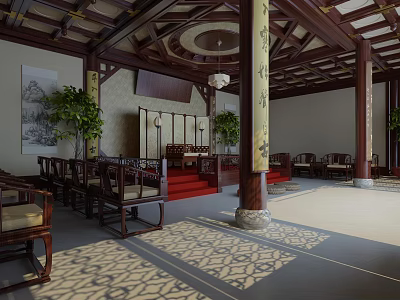Traditional Chinese Service Hall With Wooden Structure Red Carpet And Decorative Pillars 3d model