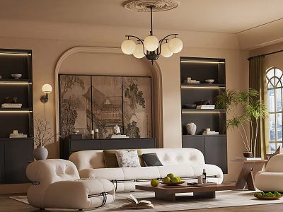 Elegant Modern Living Room Interior With Beige Sofa Chandelier Decorative Painting Bookshelves And Green Plants 3d model