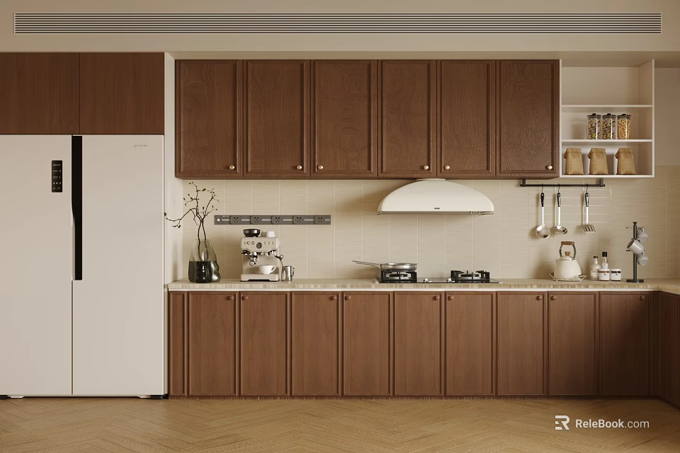 Modern Kitchen Interior With Brown Cabinets Range Hood White Refrigerator And Coffee Machine 3d model 