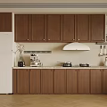 Modern Kitchen Interior With Brown Cabinets Range Hood White Refrigerator And Coffee Machine
