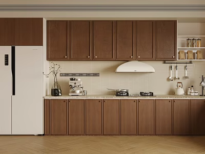 Modern Kitchen Interior With Brown Cabinets Range Hood White Refrigerator And Coffee Machine 3d model