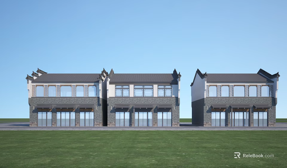 Traditional Modern Commercial Complex With Three Adjacent Buildings Chinese Style Roofs And Front Lawn 3d model 