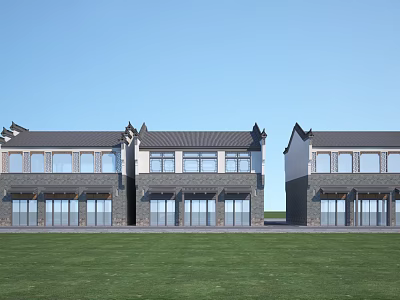 Traditional Modern Commercial Complex With Three Adjacent Buildings Chinese Style Roofs And Front Lawn 3d model