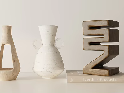 Ornamental Decor Set With Geometric Vase Eared Vase Abstract Sculpture And Leather Products Book 3d model