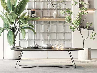 Modern Coffee Table With Metal Frame And Green Plants In Living Room Decor 3d model