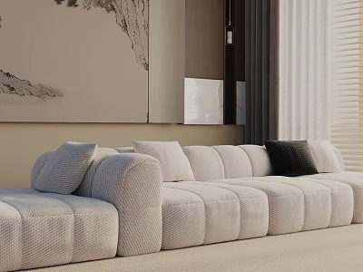Soft Upholstered Three Seater Sofa With Plush Cushions In Modern Living Room Interior 3d model