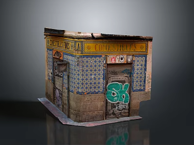Old Style Building Facade With Colorful Tiles And Green Graffiti Art 3d model