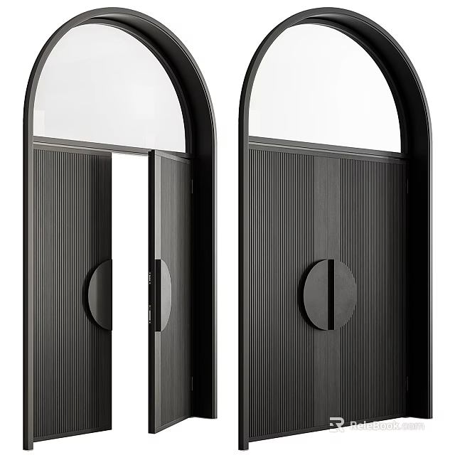 Black Double Doors With Vertical Striped Design Round Handles And Arched Glass Panels 3d model 