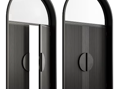 Black Double Doors With Vertical Striped Design Round Handles And Arched Glass Panels 3d model