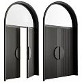 Black Double Doors With Vertical Striped Design Round Handles And Arched Glass Panels