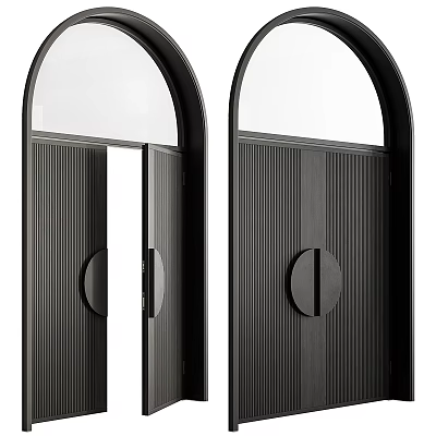 Black Double Doors With Vertical Striped Design Round Handles And Arched Glass Panels 3d model