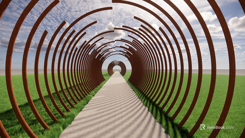 Circular Metal Pergola With Stone Pathway In Grass Field Under Blue Sky And White Clouds 3d model 