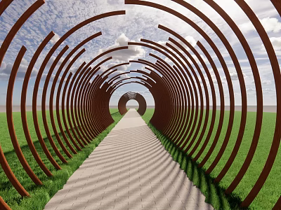 Circular Metal Pergola With Stone Pathway In Grass Field Under Blue Sky And White Clouds 3d model