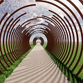 Circular Metal Pergola With Stone Pathway In Grass Field Under Blue Sky And White Clouds